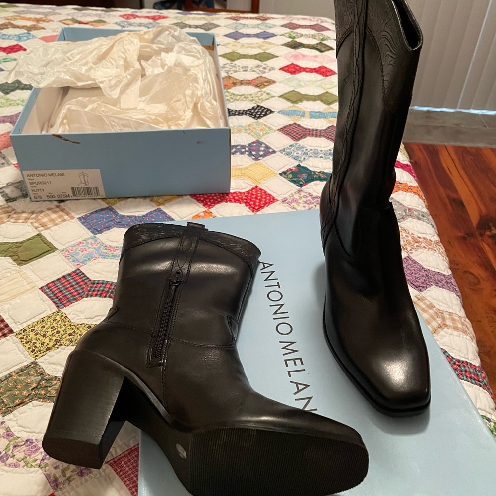 Antonio Melani Black Leather Cowboy Boots.